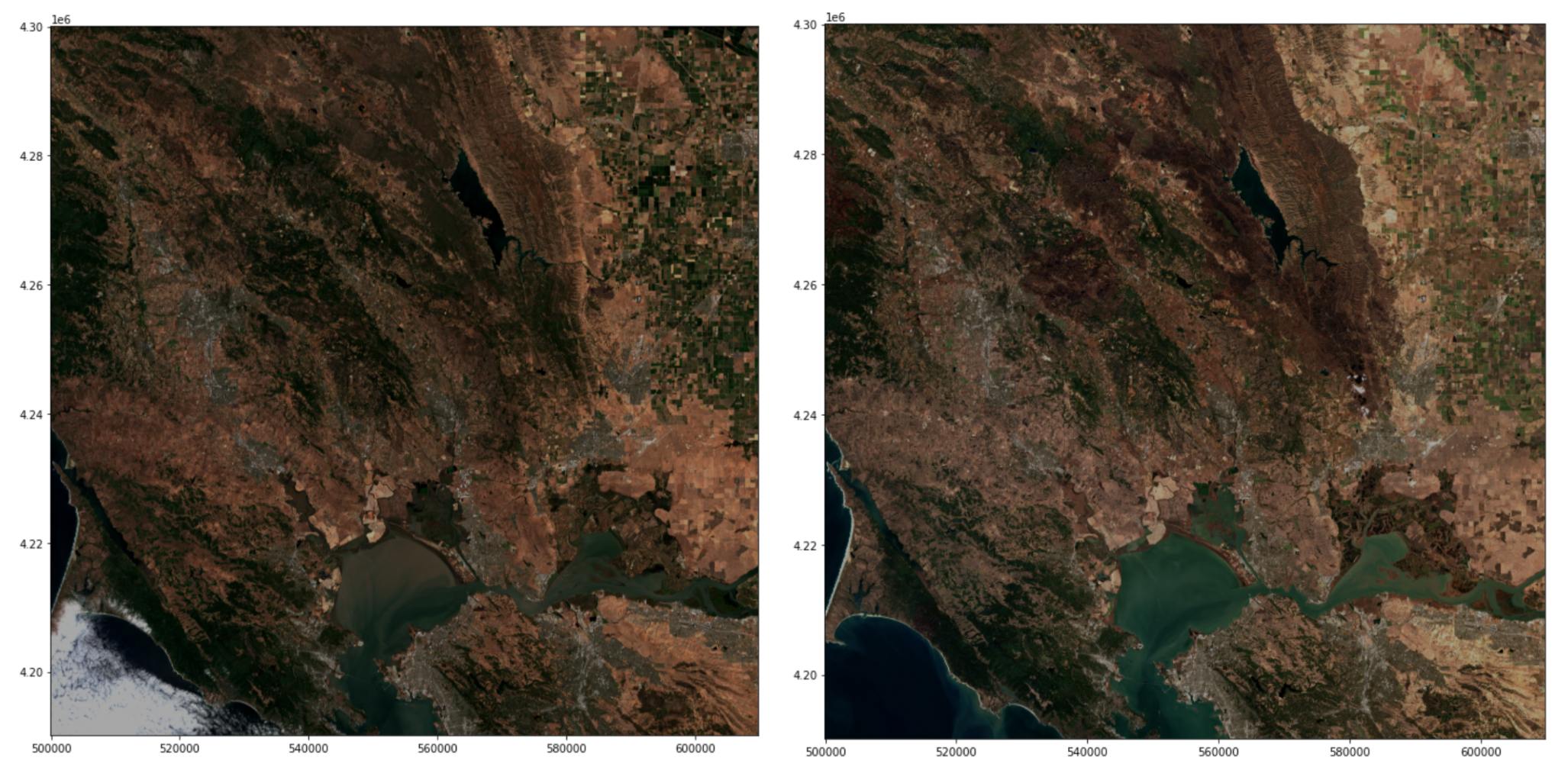 Figure 5. Natural colour composites from Sentinel-2 Level 2A data showing pre-fire conditions on 7 August 2020 (left) and post-fire conditions on 25 November 2020 (right) in California, USA.