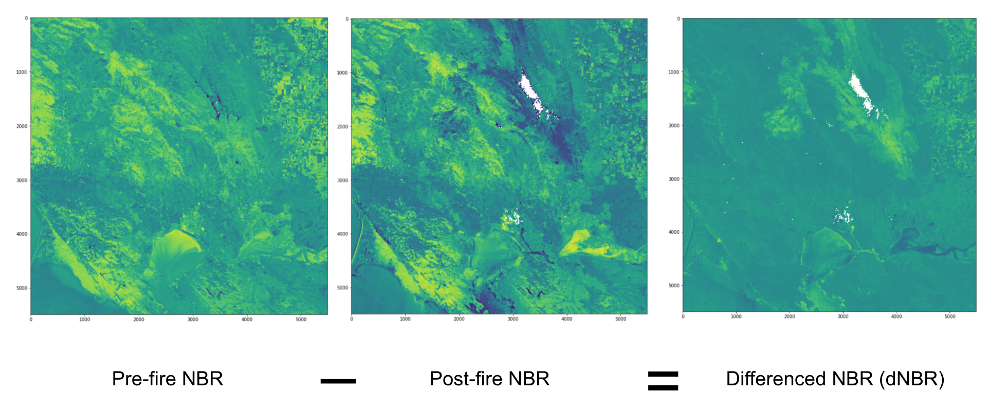 Figure 7. The Differenced Normalised Burn Ratio (dNBR) image (right) is calculated from Sentinel-2 Level 2A data by subtracting the pre-fire NBR on 7 August 2020 (left) from the post-fire NBR on 25 November 2020 (middle).