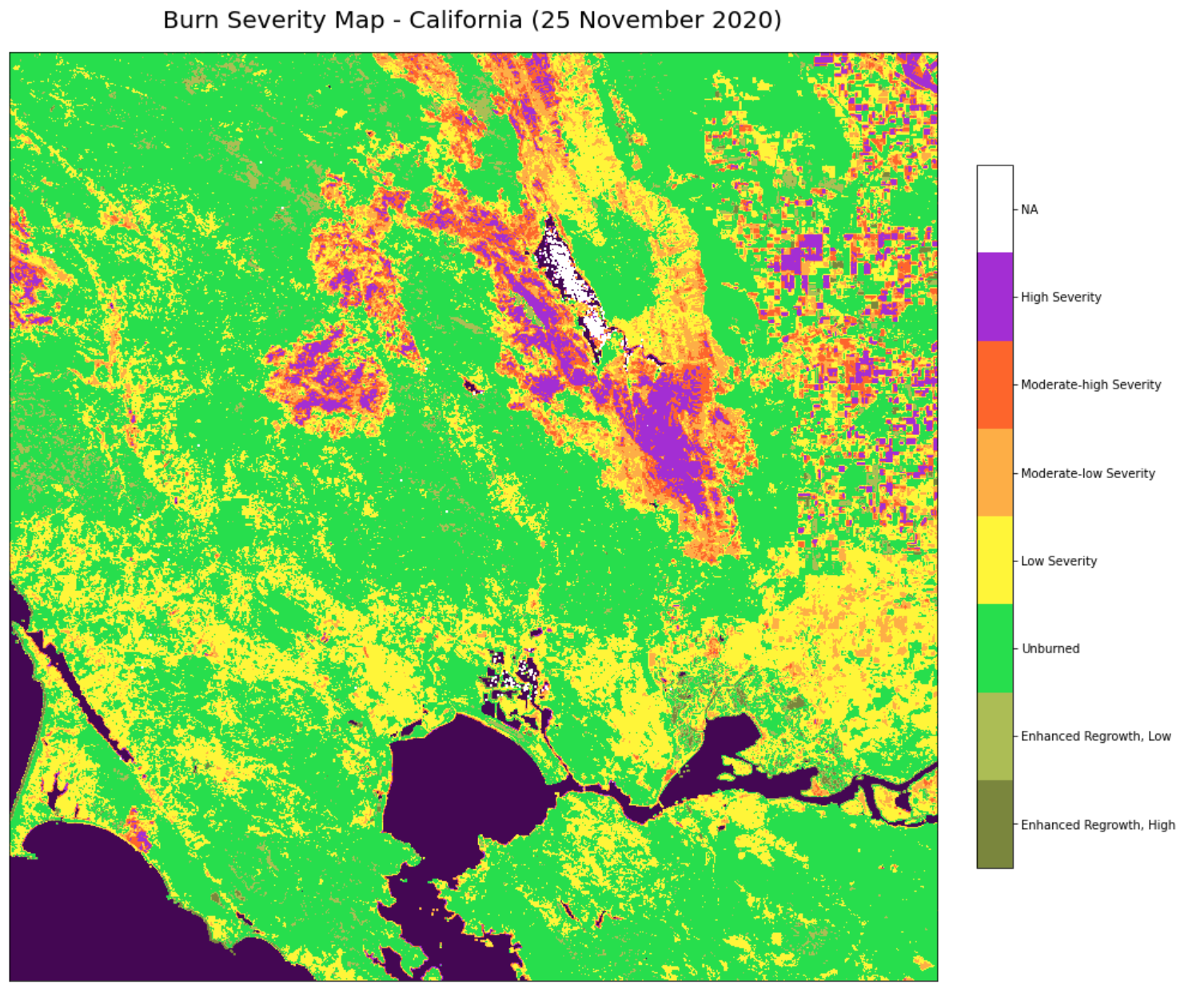 Figure 5. Burn severity in Greece is classified using the dNBR image shown in Figure 4. The coastal water bodies are masked using the water mask from the Sentinel-2 data’s scene classification layer.