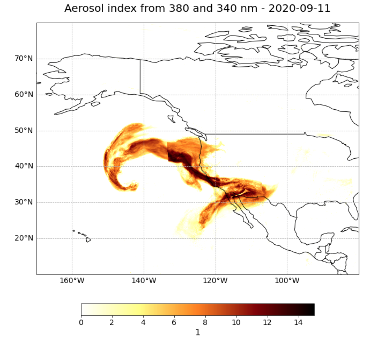 Figure 2. Ultraviolet Aerosol Index (UVAI) Level 2 product from Sentinel-5 TROPOMI over US west coast recorded on 11 September 2020.
