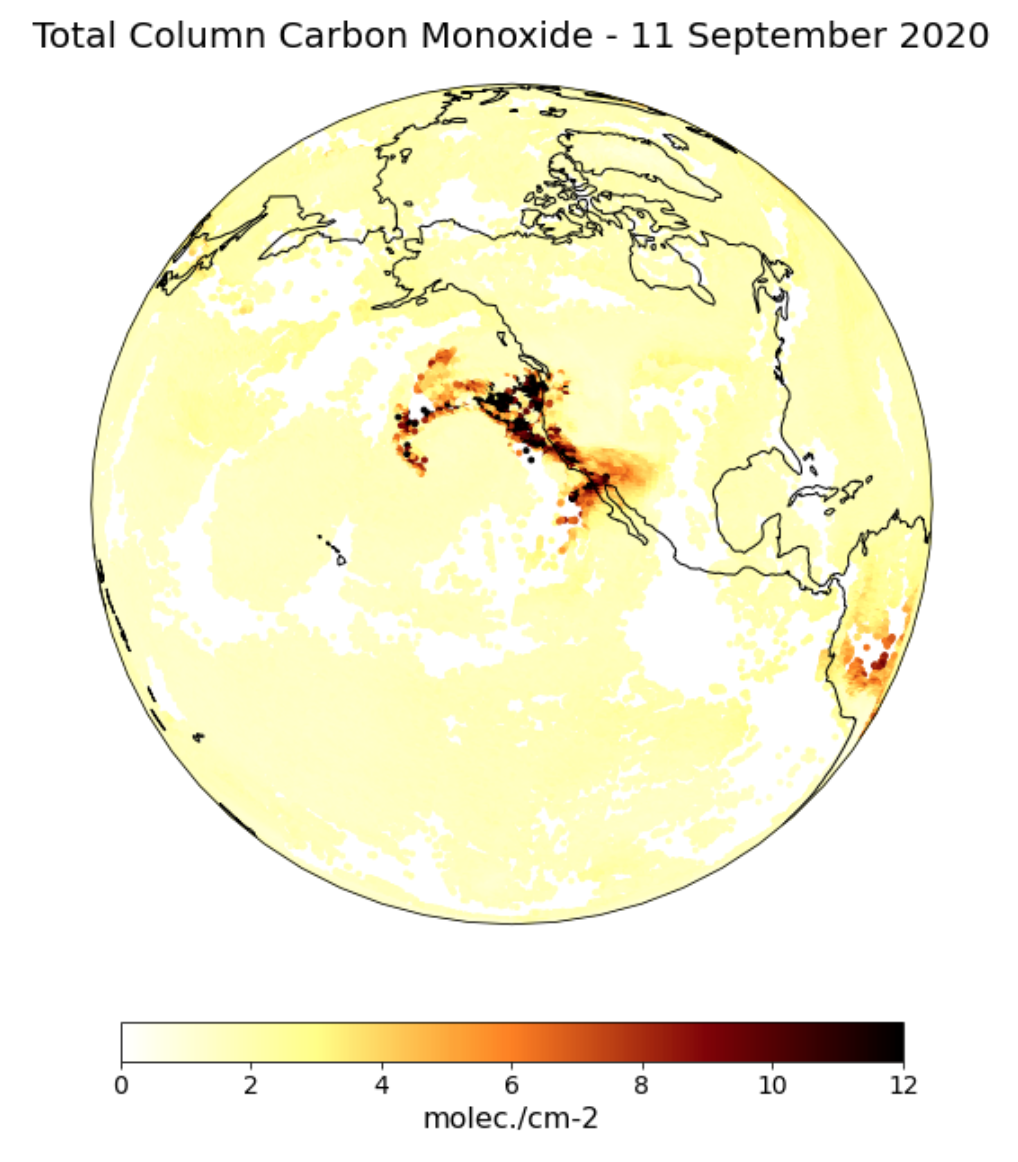 Figure 3. Total Column Carbon Monoxide over the US west coast recorded by the Metop-B IASI instrument on 11 September 2020.
