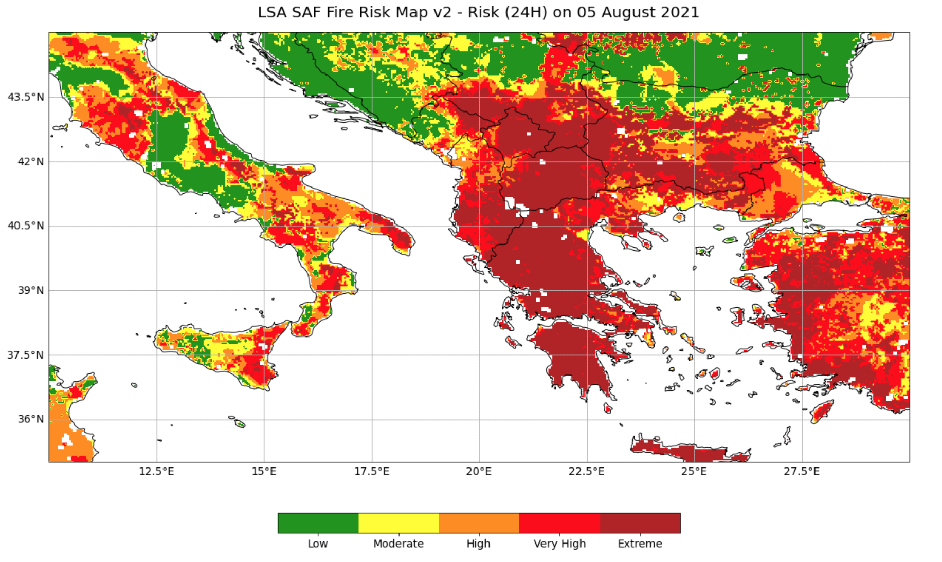 Figure 2. 24-hour forecast of fire risk for 5th August 2021 from LSA SAF.