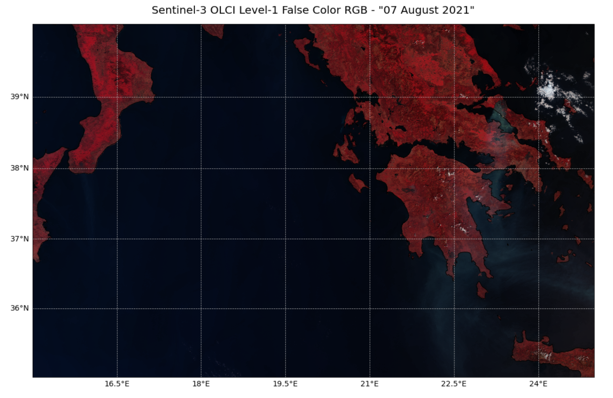 Figure 1. False colour composite from Sentinel-3 OLCI Level-1B data showing smoke plumes from Evia, Greece and from southern Calabria, Italy recorded on 7 August 2021.