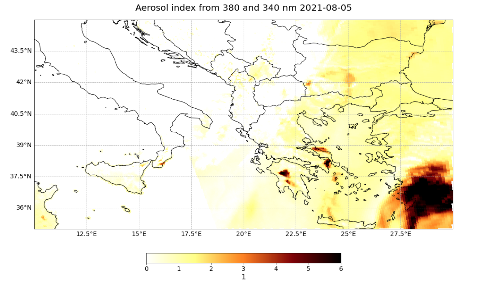 Figure 4. Ultraviolet Aerosol Index (UVAI) Level 2 product from Sentinel-5P TROPOMI over Italy and Greece recorded on 5 August 2021.