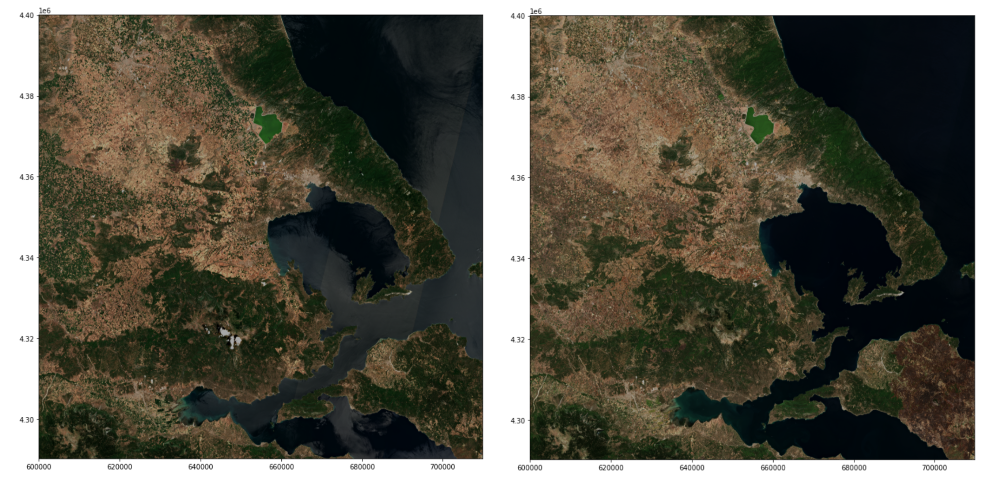 Figure 2. Natural colour composites from Sentinel-2 Level 2A data showing pre-fire conditions on 1 August 2021 (left) and post-fire conditions on 25 September 2021 (right) in Greece.